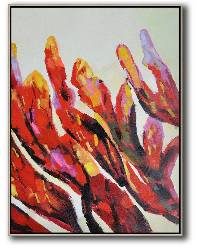 Vertical Palette Knife Contemporary Art,Large Oil Canvas Art,Grey,Red,Yellow